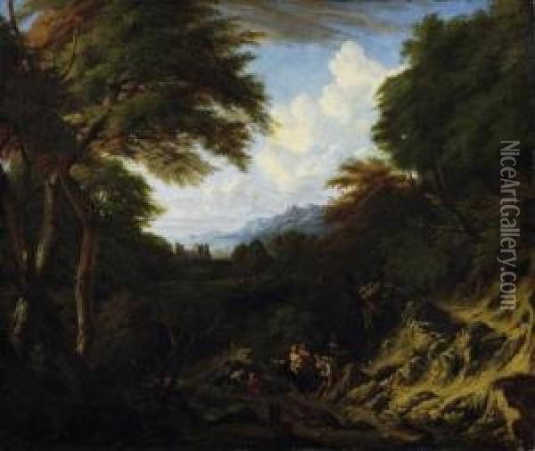 Classical Landscape With Figural Staffage. View Through A Foresty Dale On The Coast. Oil Painting - Jan Baptist Huysmans