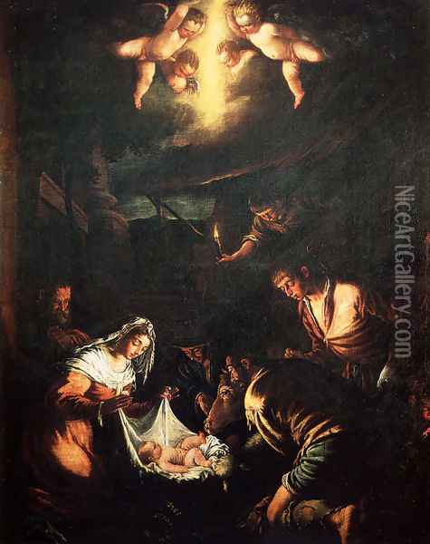 The Adoration of the Shepherds (2) Oil Painting - Jacopo Bassano (Jacopo da Ponte)