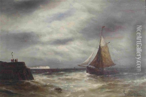 A Fishing Smack Off A Headland Oil Painting - Gustave de Breanski