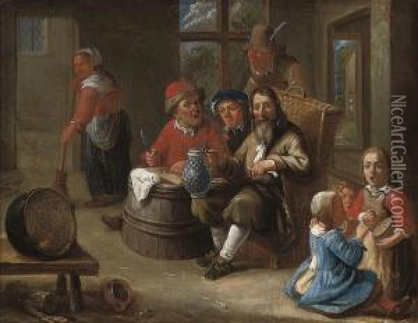 Peasants Smoking And Drinking With Children Making Music And An Old Woman In An Interior Oil Painting - Adriaen Rombouts