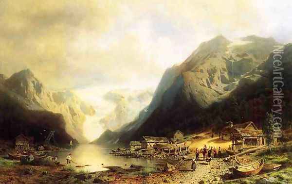 Fishermans Village on an Alpine Lake Oil Painting - Herman Herzog