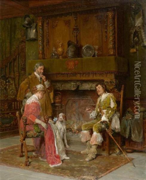 Conversation At The Fireplace. Oil Painting - Francois Adolphe Grison