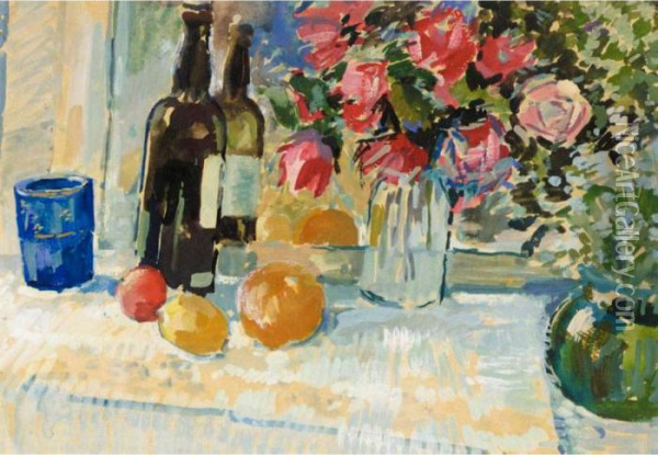 Still Life With Bottle Of Wine Oil Painting - Konstantin Alexeievitch Korovin