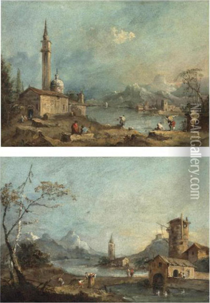 A Capriccio With A Church By A Lake And Figures Fishing On The Shore Oil Painting - Francesco Guardi