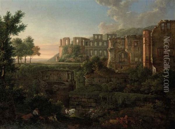 A Capriccio View Of The Ruins Of Heidelberg Castle Oil Painting - Johann Martin Von Rohden
