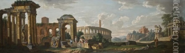 Veduta Di Roma Con Il Foro Imperiale E Il Colosseo Oil Painting - Giovanni Paolo Panini