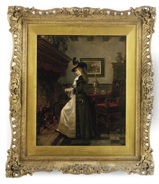 An Elegant Lady, Warming Herself By The Fireside Oil Painting - Lajos Bruck