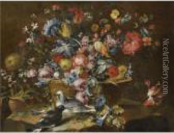 Still Life With An Array Of 
Flowers, Including Roses And Tulips, Ina Basket With Two Doves Oil Painting - Francesco Guardi