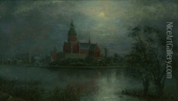 Blick Auf Stralsund Bei Mondschein Oil Painting - Johann Wilhelm Bruecke