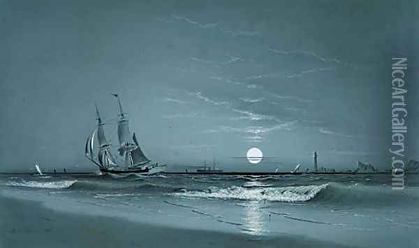 Entrance to Harbor--Moonlight Oil Painting - David Johnson Kennedy