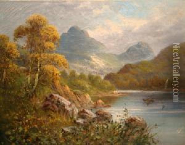 A Man In A Rowing Boat On The 
River Glaslyn, The Moelwynns Beyond, Snowdonia, North Wales Oil Painting - Frank Hider