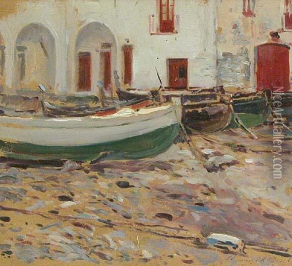 Barcas Varadas En La Arena. Oil Painting - Segundo Matilla Y Marina