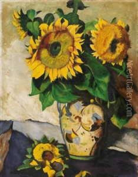Sonnenblumen In Bemalter Vase Mit Doppelhenkel Oil Painting - Heinrich Nauen
