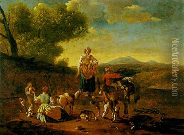 Ziegenhirtinnen Und Ein Eseltreiber In Einer Bewaldeten Berglandschaft Oil Painting - Hendrick Mommers