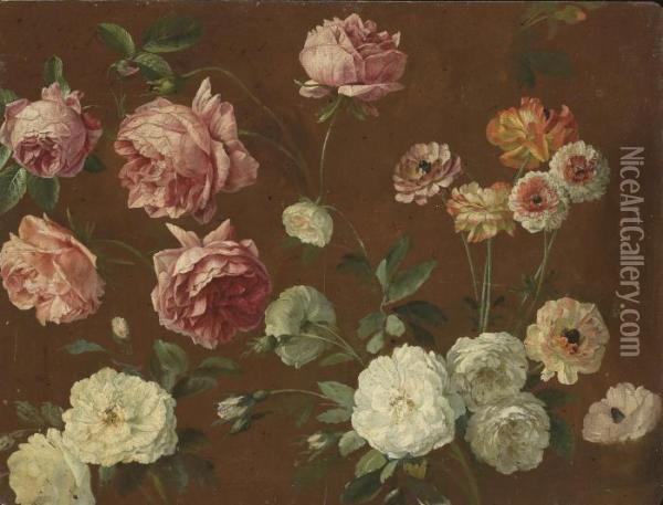 Pink And White Roses, 
Chrysanthemums And Poppies (recto); Sketchwith A Woman And Her Children 
(verso) Oil Painting - Pancrace Bessa