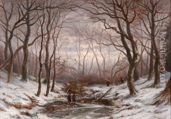 Winter Forest Scene With Figures Gathering Wood And Hunting Oil Painting - Jan Hermanus Melchior Tilmes