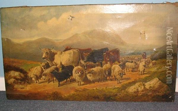Cattle, Sheep And Farmers On A Highland Path, And Another, Farmer And Cattle On A Path Oil Painting - Henry Charles Woollett