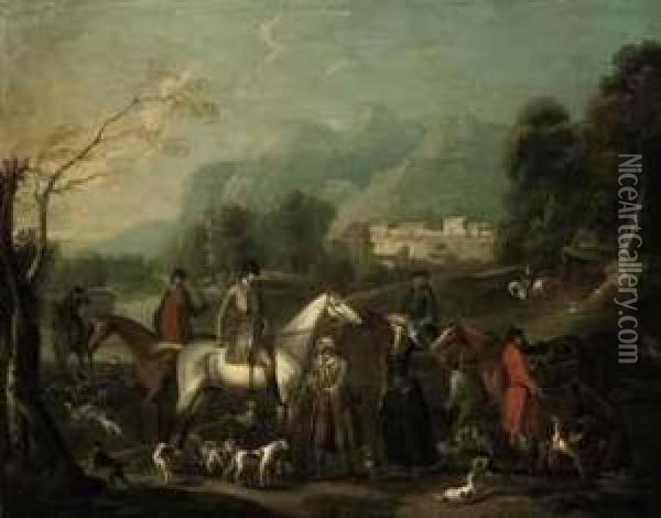 A Wooded River Landscape With A Hunting Party At Rest Oil Painting - James Ross
