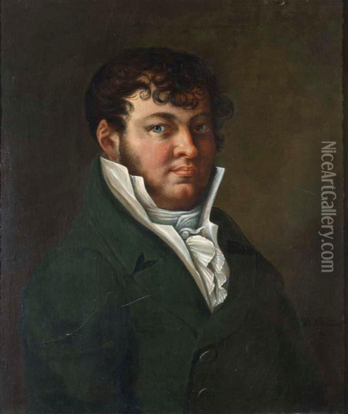 Portrait Of A Man, Depicted Half Length Wearing A Green Coat And A White Collar Oil Painting - Maximillian Neustuck