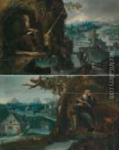 Coppia Di Paesaggi Con Eremiti Che Leggono Oil Painting - Paul Bril
