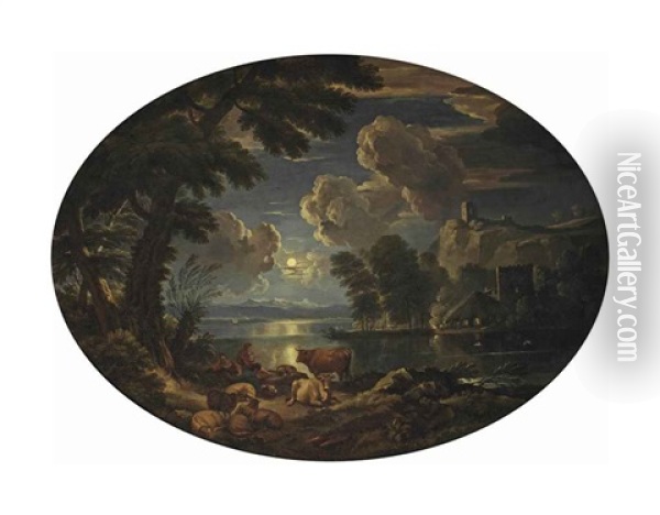 A Moonlit River Landscape With Shepherds By A The River Bank Oil Painting - Pieter Mulier the Elder
