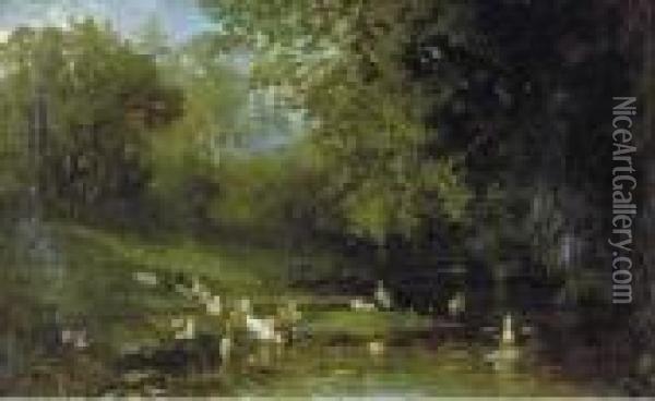 Ducks And Ducklings By A Pond Oil Painting - Frederick Rondel Sr.