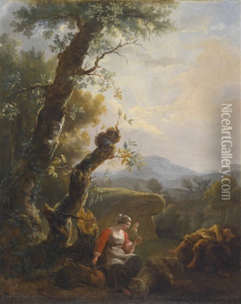 Eine Bauerin Mit Einem Spinnrocken Und Ein Schlafender Bauer In Einer Bewaldeten Landschaft Oil Painting - Adam Pynacker