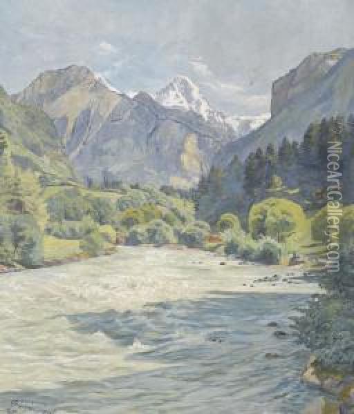 Sommerliche Flusspartie In Einem Alpental Oil Painting - Paul Schurch