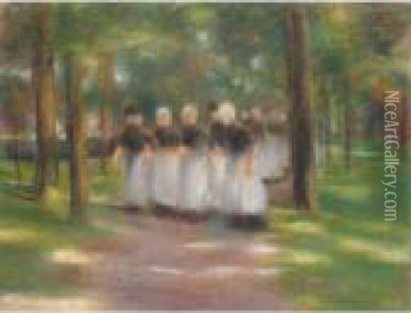 Sonntagnachmittag In Laren - 
Allee Mit Madchen (sunday Afternoon In Laren - Tree-lined Alley With 
Girls) Oil Painting - Max Liebermann