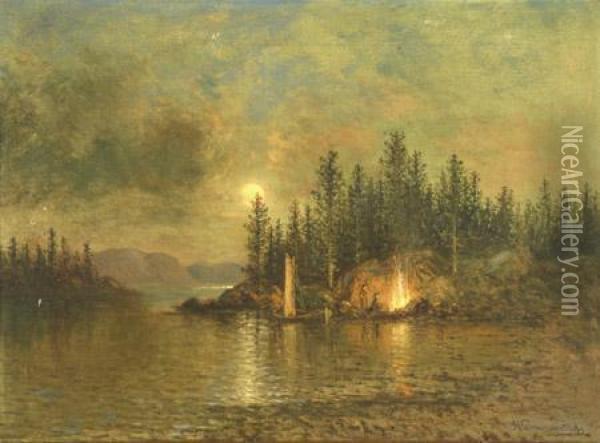 Moonlit Riverside Camp Oil Painting - John Olson Hammerstad