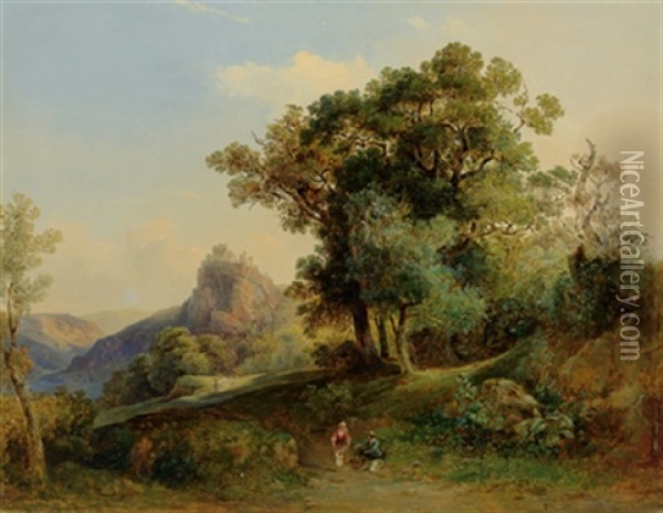 Idyllische Landschaft Im Hintergrund Eine Burganlage Oil Painting - Rudolf Lang