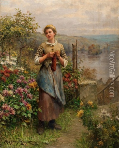 Young Woman Knitting Oil Painting - Daniel Ridgway Knight