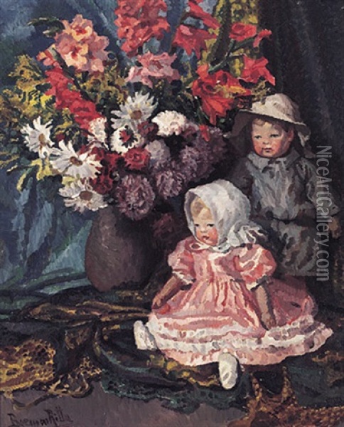 Bunter Blutenstraus Und Zwei Puppen, Malerisch Arrangiert Im Sonnigen Licht Oil Painting - Ritta Boemm