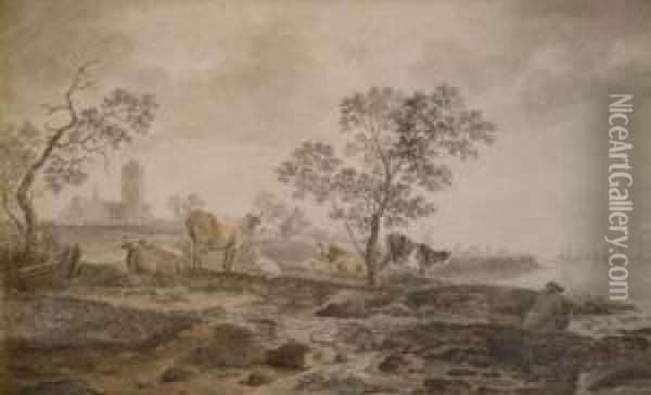 German Watercolour Cattle In A Landscape #name? Cuyp Signed 12.5 X 20.5in Oil Painting - Hendrick Willelm Schweickhardt