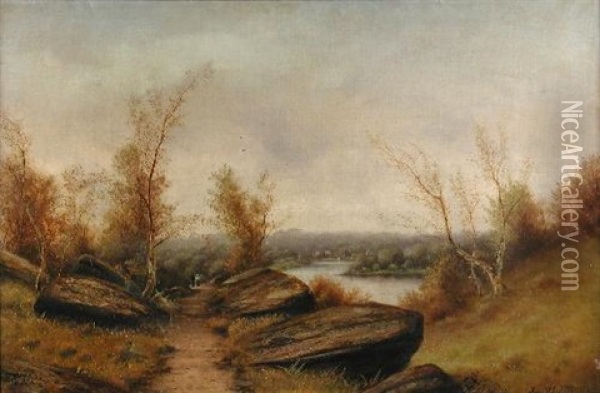 View Of A Danish Lake With Walkers On A Track Oil Painting - Nils Hans Christiansen