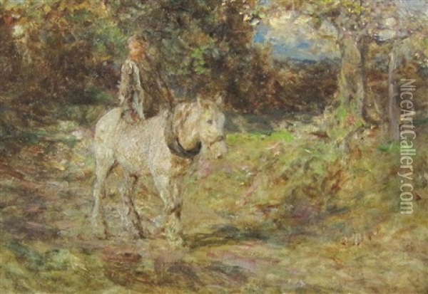 A Boy Riding A Pony On A Forest Track Oil Painting - Edward Stott