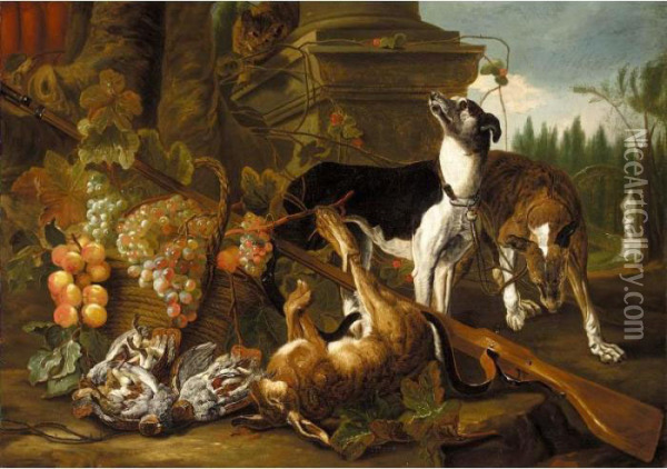A Still Life Of Two Greyhounds, A
 Hare, A Cat And Partridges Together With A Musket And Baskets Of Fruit,
 In A Parkland Setting Oil Painting - Jan Fyt