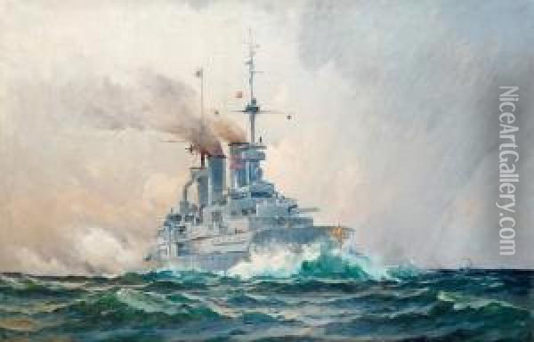 German Battleship Oil Painting - Af Herman Sillen