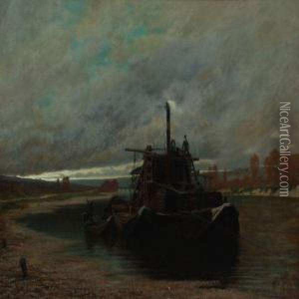 River Landscape In Evening Light Oil Painting - Henri Saintin