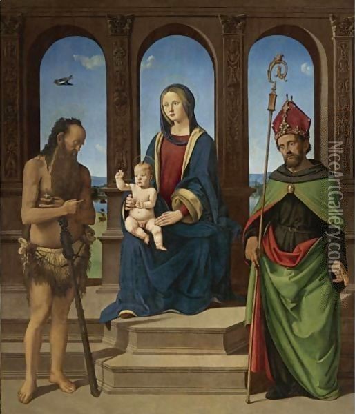 The Madonna And Child Enthroned With Saints Onophrius And Augustine Oil Painting - Piero Di Cosimo
