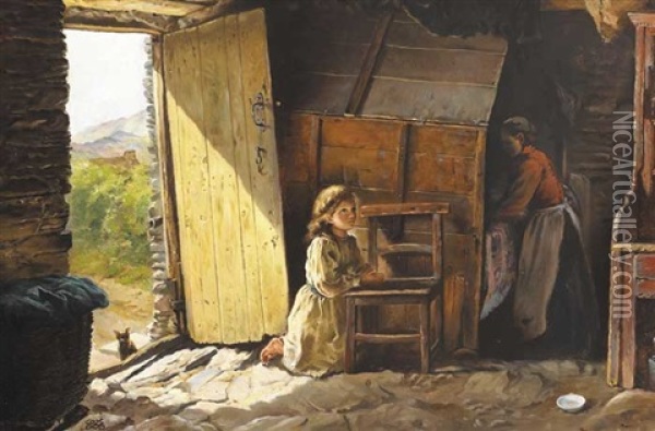 Morning Prayer, Cottage Interior, County Cork Oil Painting - James Brenan
