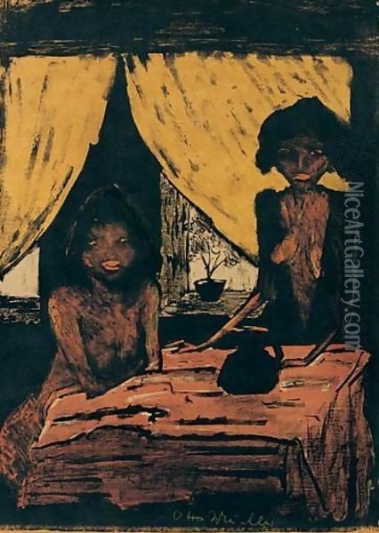 Zigeuner. Zwei Zigeunermadchen Im Wohnraum (Two Gipsy Girls In A Room) Oil Painting - Otto Mueller
