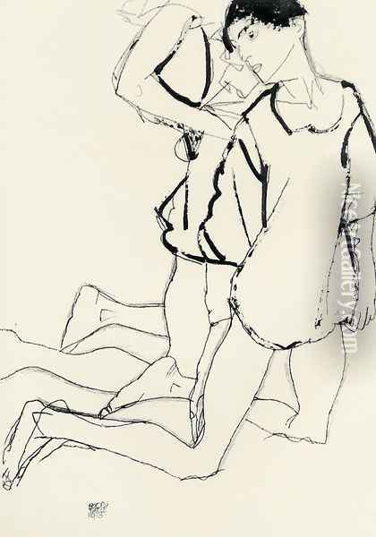 Two Kneeling Figures Aka Parallelogram Oil Painting - Egon Schiele