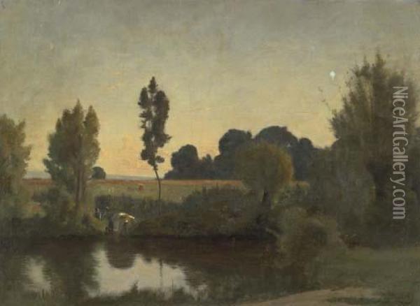 Landschaft Mit Weiher. Oil Painting - Jules Louis Badel