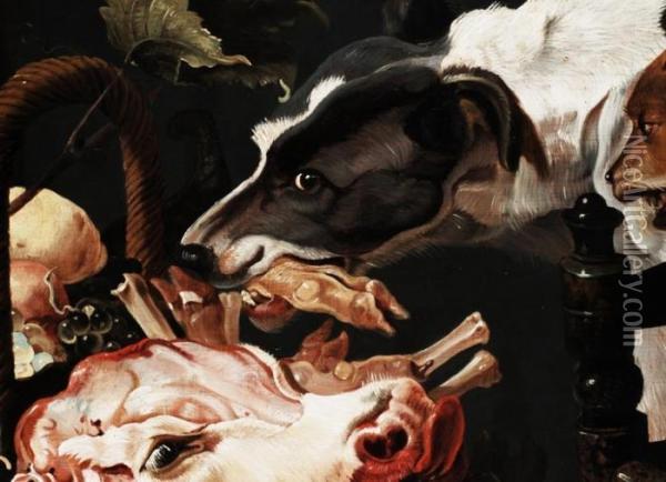Stilleben Mit Kalbskopf, Fruchten Und Jagdhunden Oil Painting - Frans Snyders