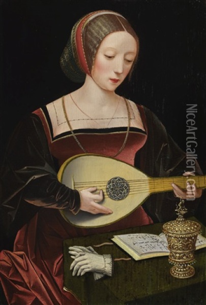 A Young Lady Playing A Lute Oil Painting -  Master of the Female Half Lengths