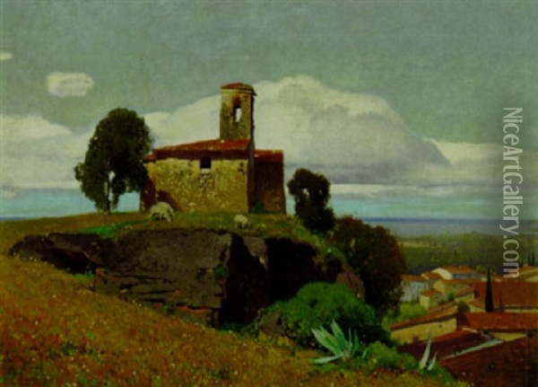 Sudliche Landschaft, Im Hintergrund Das Meer Oil Painting - Ferdinand Brunner