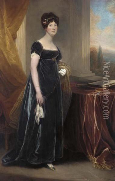 Portrait Of Lady Burdett, Standing Full Length In A Portico, Alandscape Beyond Oil Painting - Martin Archer Shee