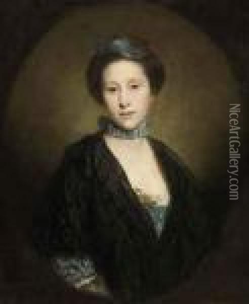 Portrait Of The Hon. Elizabeth 
Louisa St. John, Lady Bagot,half-length, In A Blue Dress With Lace Trim 
And A Black Wrap, In Afeigned Oval Oil Painting - Sir Joshua Reynolds
