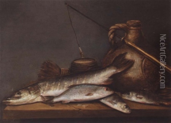 A Still Life With A Pike And A Perch Together With A Stoneware Jug And A Fishing Line On A Table Oil Painting - Pieter de Putter